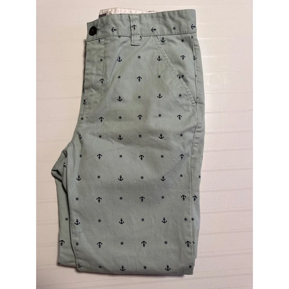Hawkings McGill Mens Skinny Chino Pants 34x30 Green Nautical Anchor Print Slacks